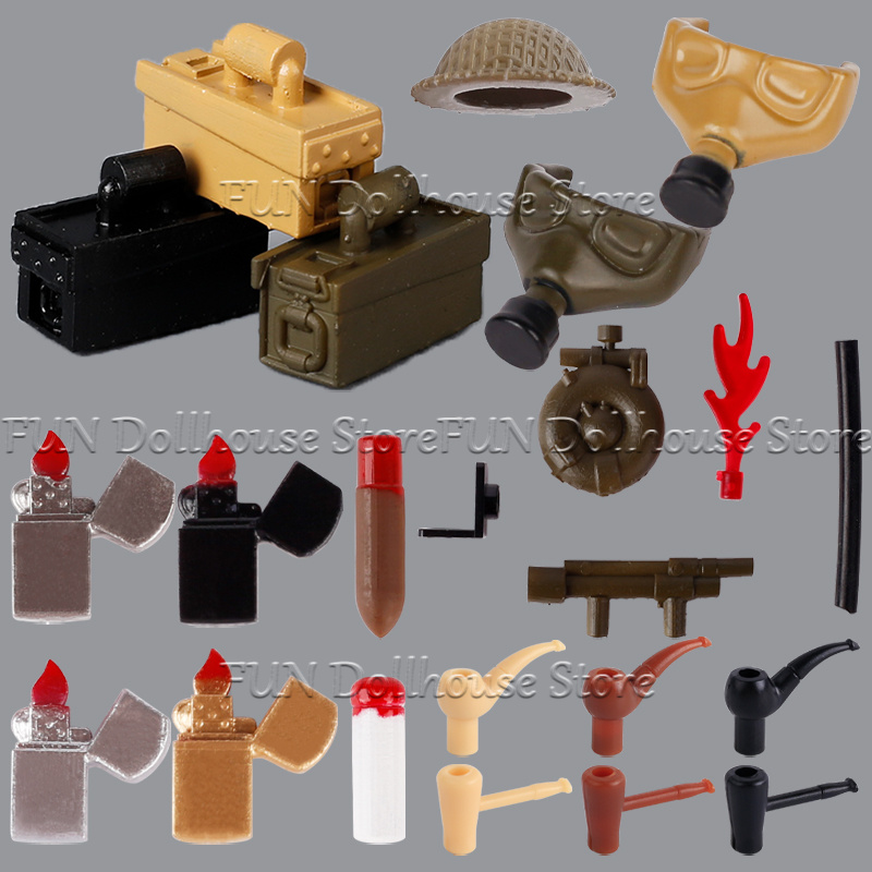 3D Printing Lego Bricks - 第二次世界大戦イギリス軍兵士フィギュアヘルメット3Dプリントビルディングブロックガスマスク火炎放射器ライターシガースーツケースブロックおもちゃ