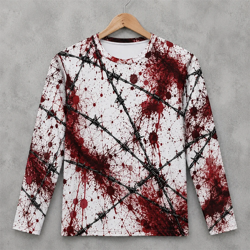 3Dプリントのホラー柄、赤い血痕模様のハロウィン長袖Tシャツ - 3D Printing Custom のレビューと価格
