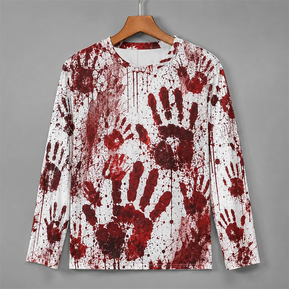 3Dプリントのホラー柄、赤い血痕模様のハロウィン長袖Tシャツ - 3D Printing Custom のレビューと価格